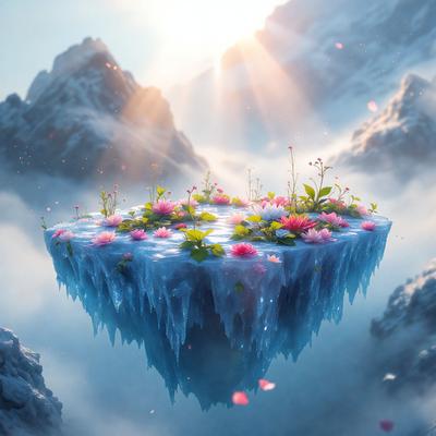 Primary subject: A frozen island with a flower garden on top.

Setting/background: The island is surrounded by a cloudy sky, and there are mountains in the background.

Visual style: The image is a digital artwork.

Colors and mood: The colors are predominantly blue and pink, creating a serene and icy atmosphere.